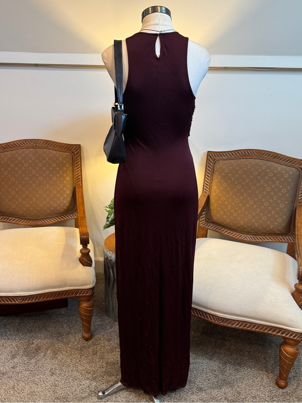 Jill Stuart Sleeveless Draped Rayon Maxi Dress Plum Burgundy 8 Medium Side Slit - Picture 3 of 6